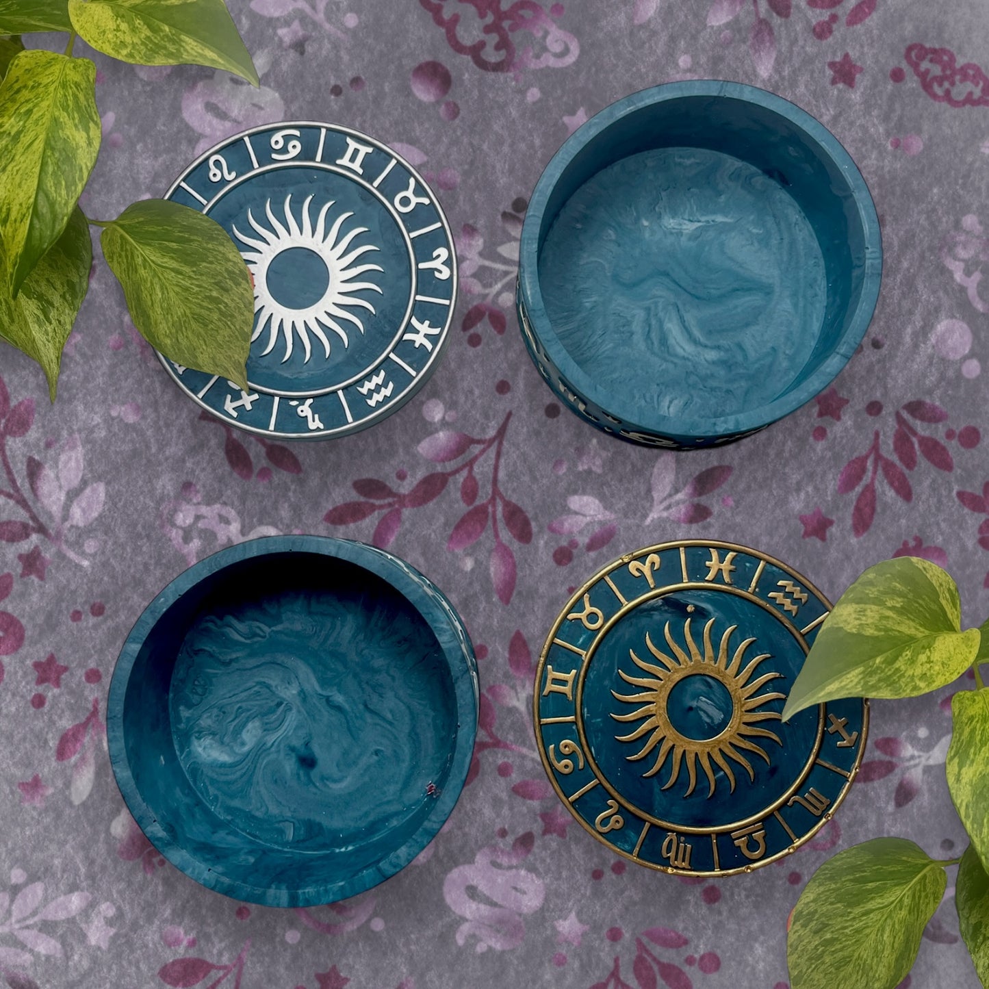 Trinket Box - Teal Sun and Horoscopes Detail