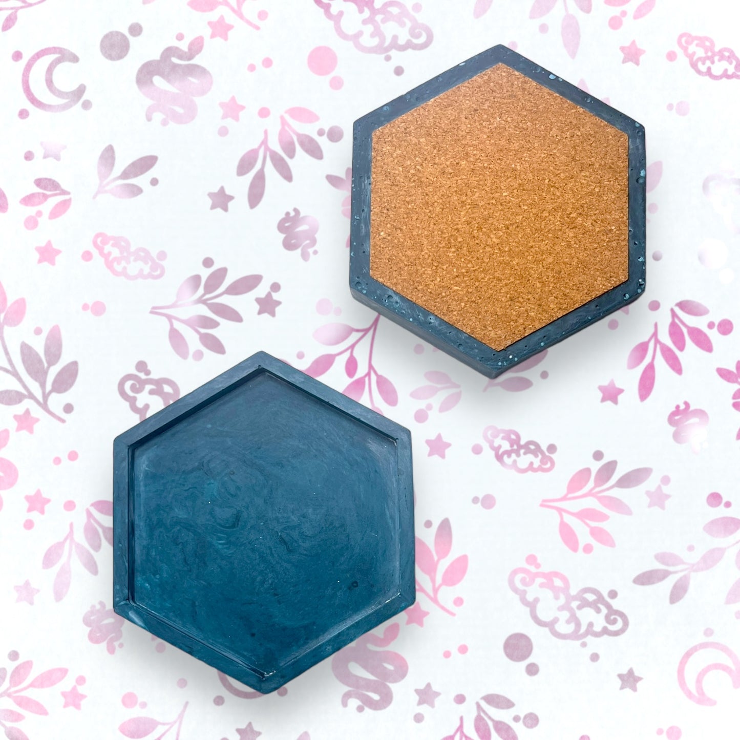 Drinks Coasters - Teal Marble Style Hexagonal Tray