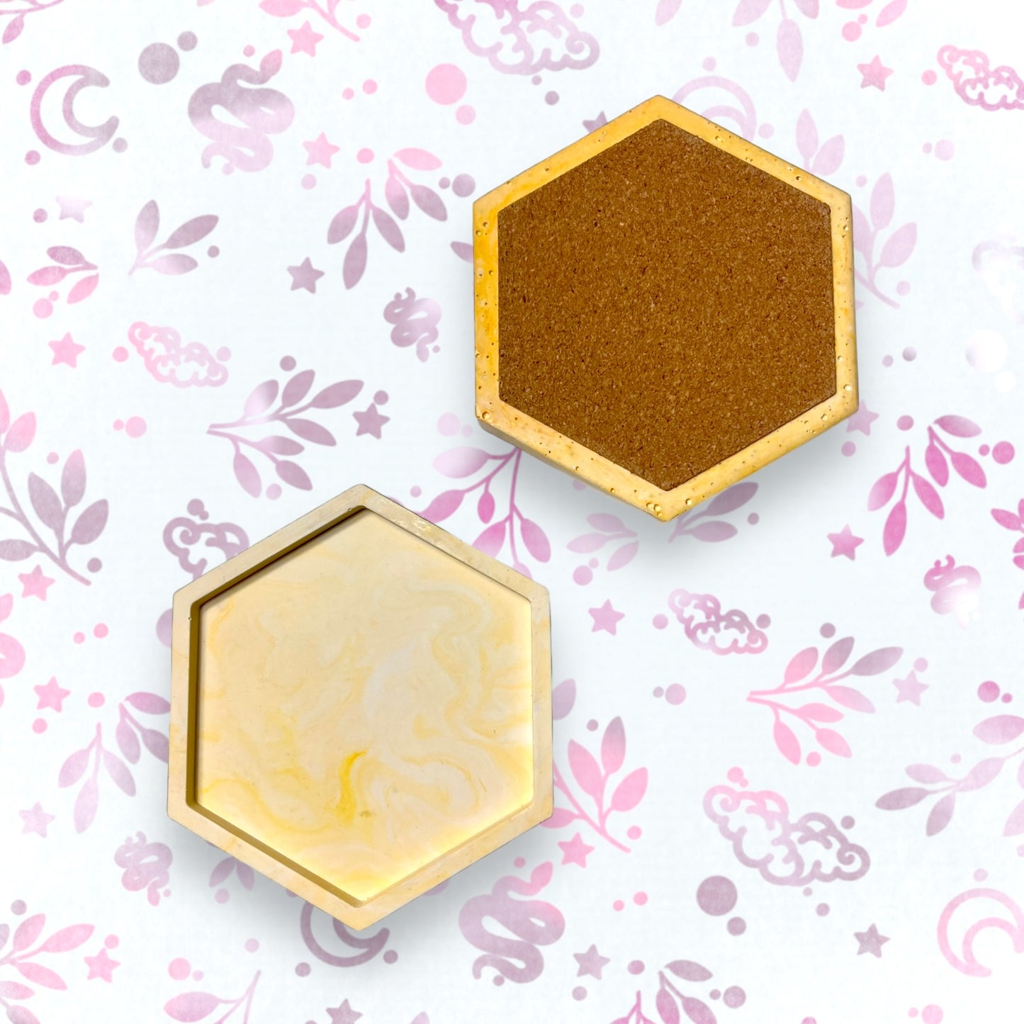Drinks Coasters - Yellow Marble Style Hexagonal Tray