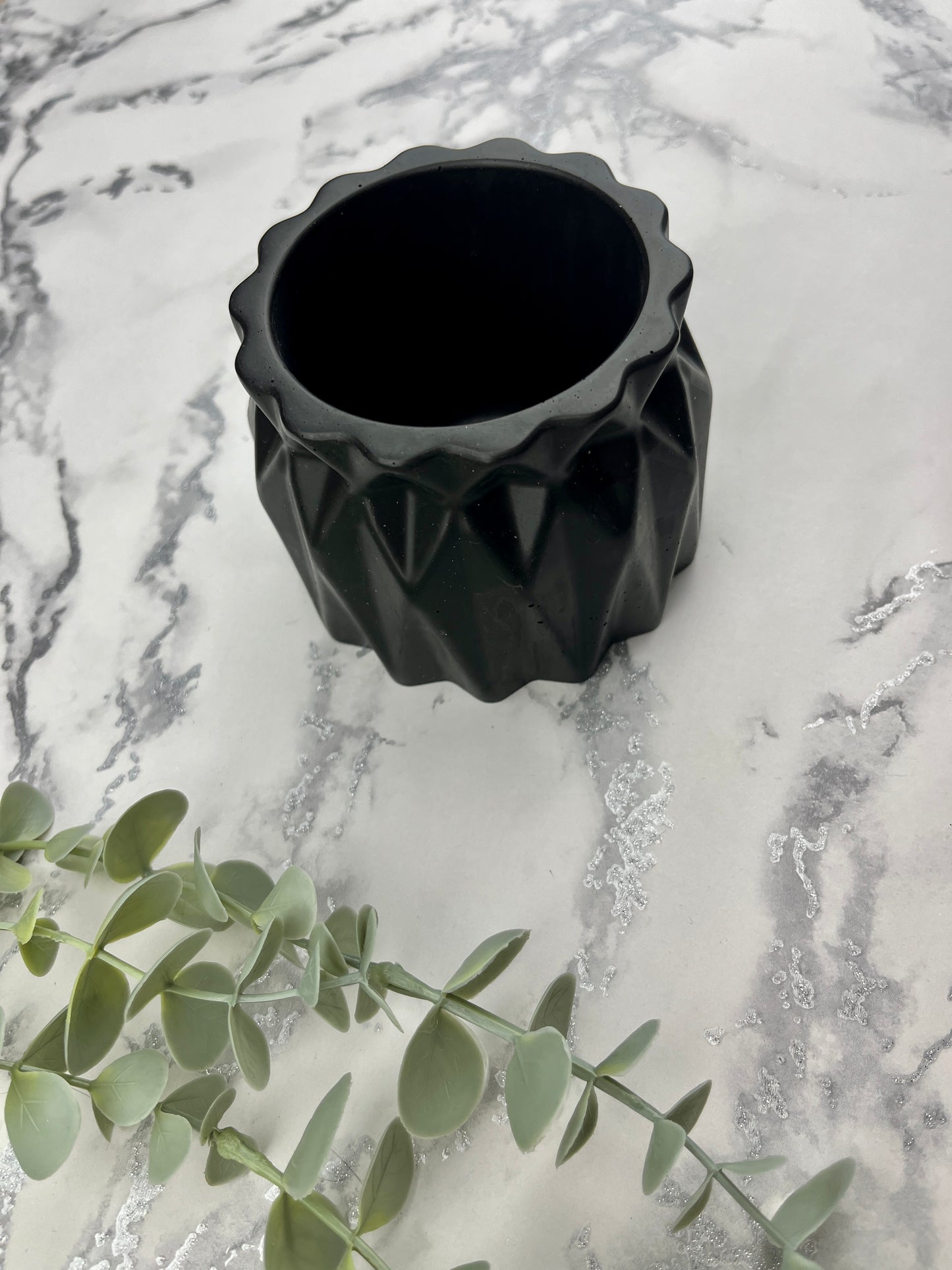Plant Pot - Black Geometric Faceted Design