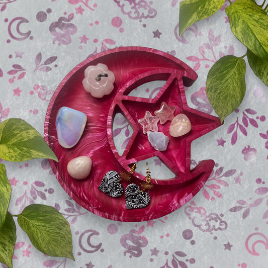 Trinket Tray - Magenta Moon and Star Marble Style Ring Dish