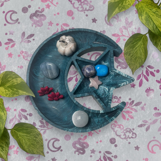 Trinket Tray - Teal Moon and Star Marble Style Ring Dish