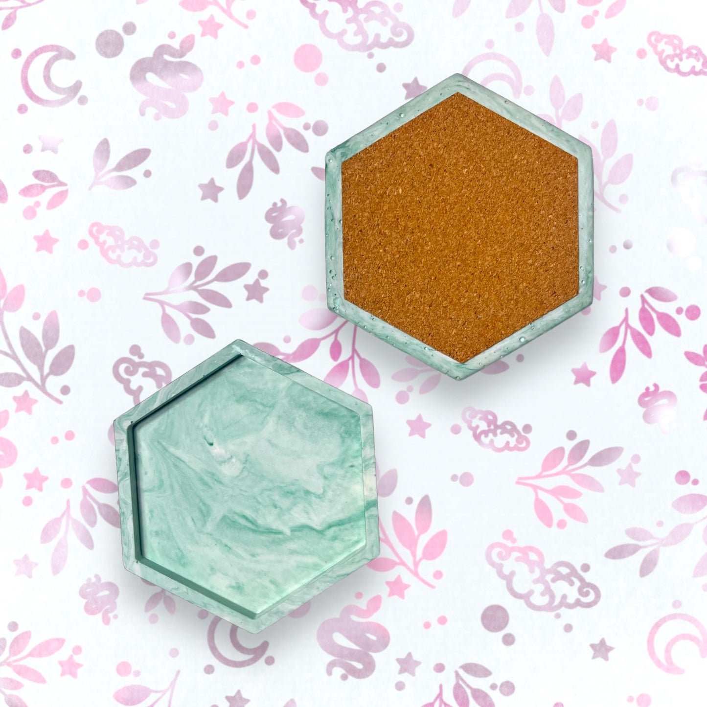 Drinks Coasters - Green Marble Style Hexagonal Tray