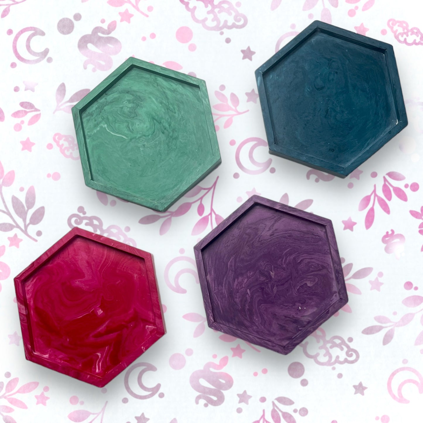 Drinks Coasters - Emerald Marble Style Hexagonal Tray