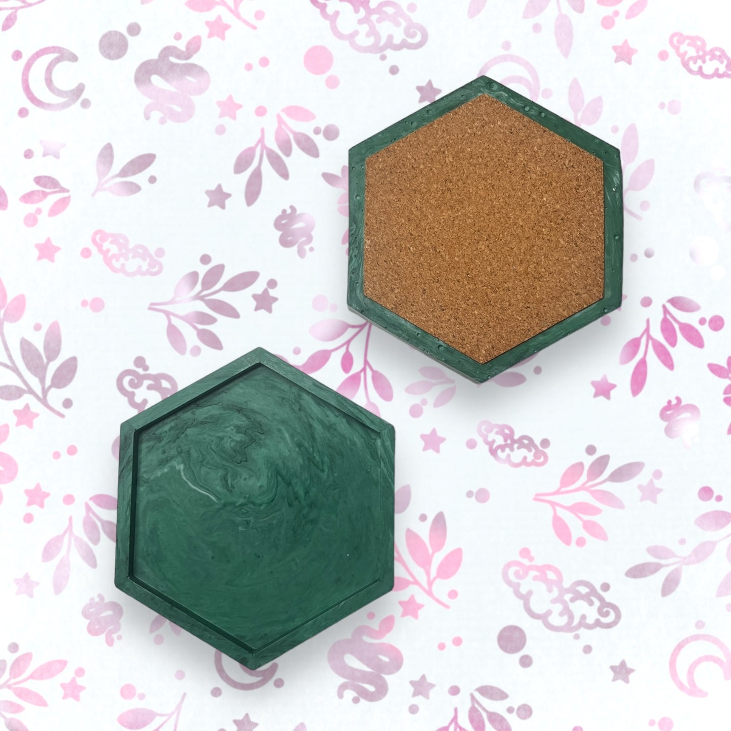 Drinks Coasters - Emerald Marble Style Hexagonal Tray