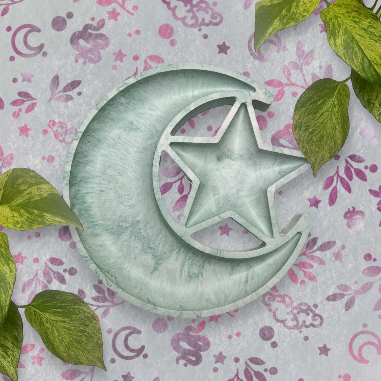 Trinket Tray - Green Moon and Star Marble Style Ring Dish