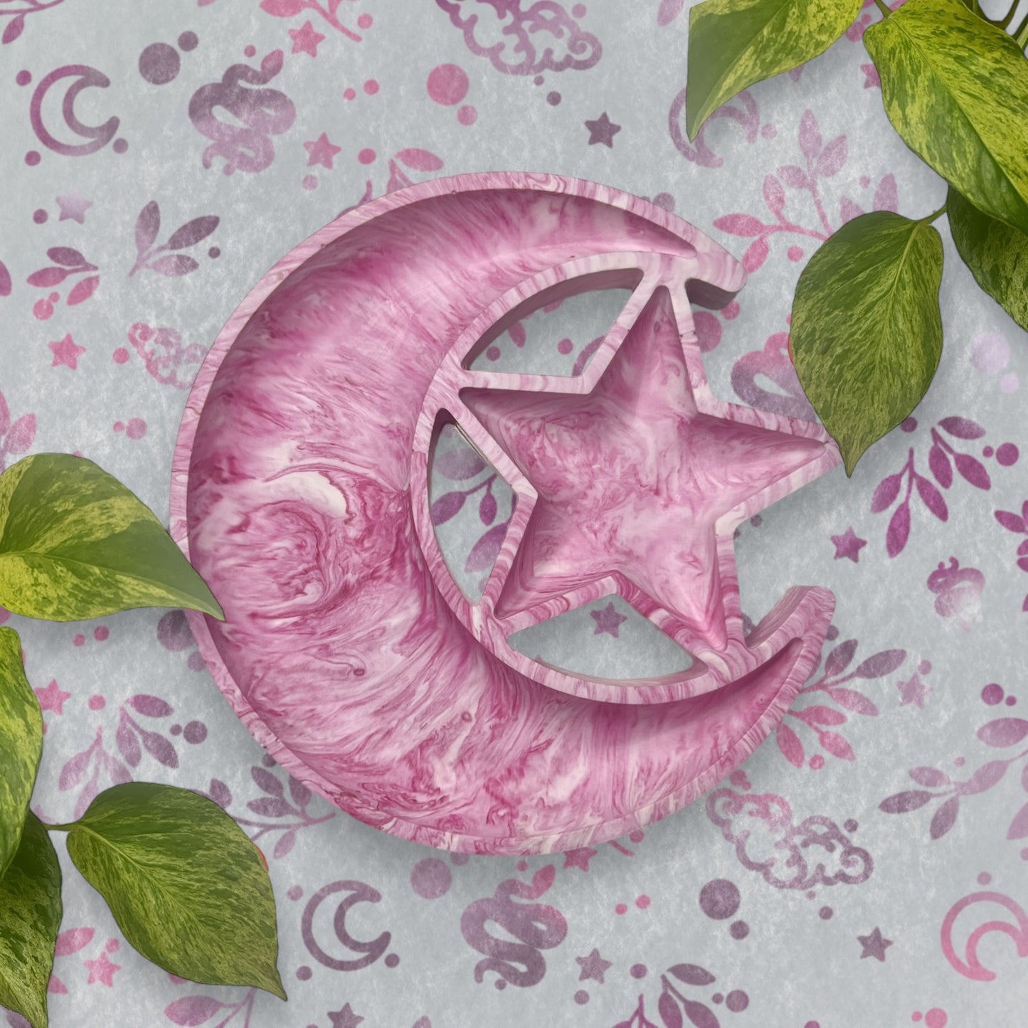 Trinket Tray - Pink Moon and Star Marble Style Ring Dish