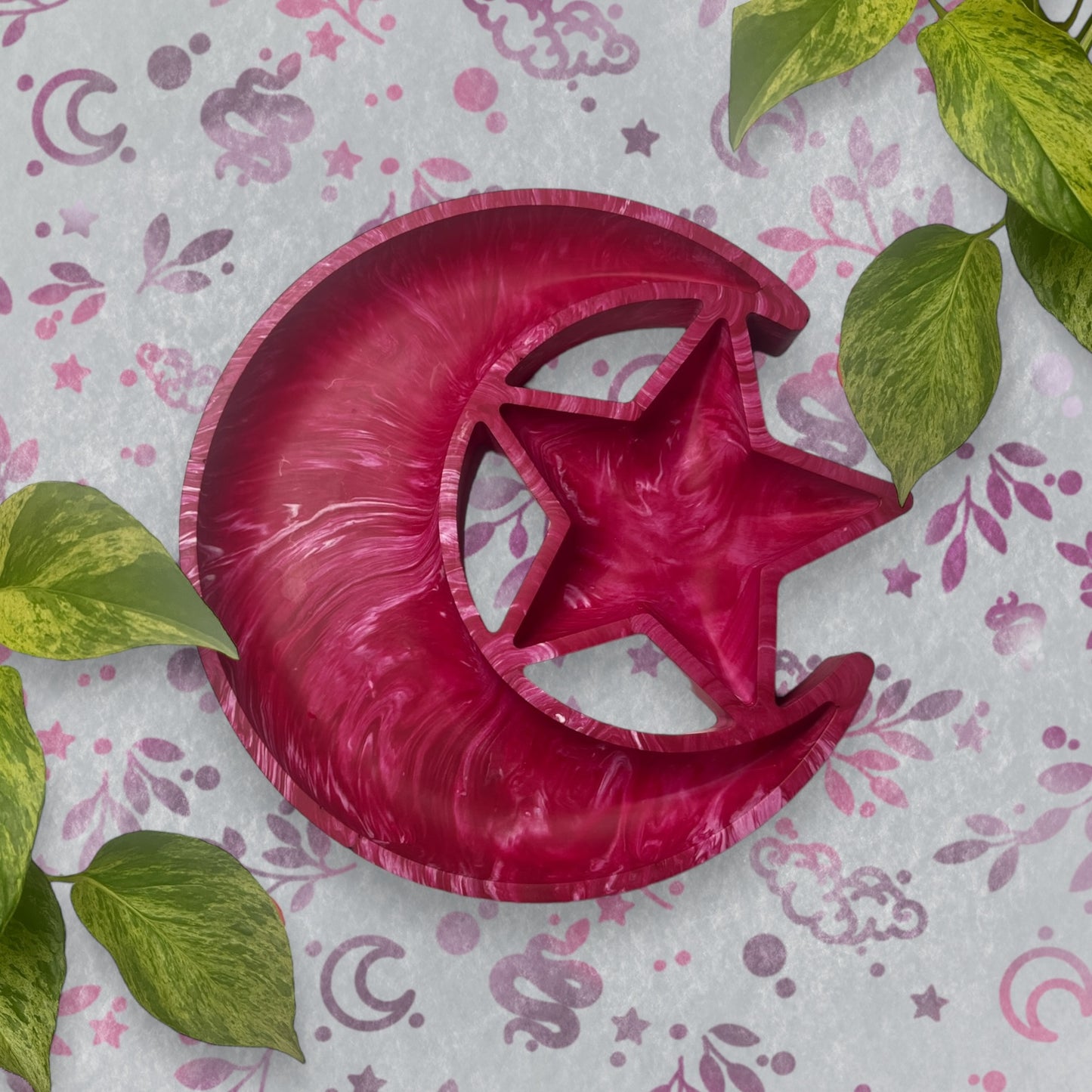 Trinket Tray - Magenta Moon and Star Marble Style Ring Dish