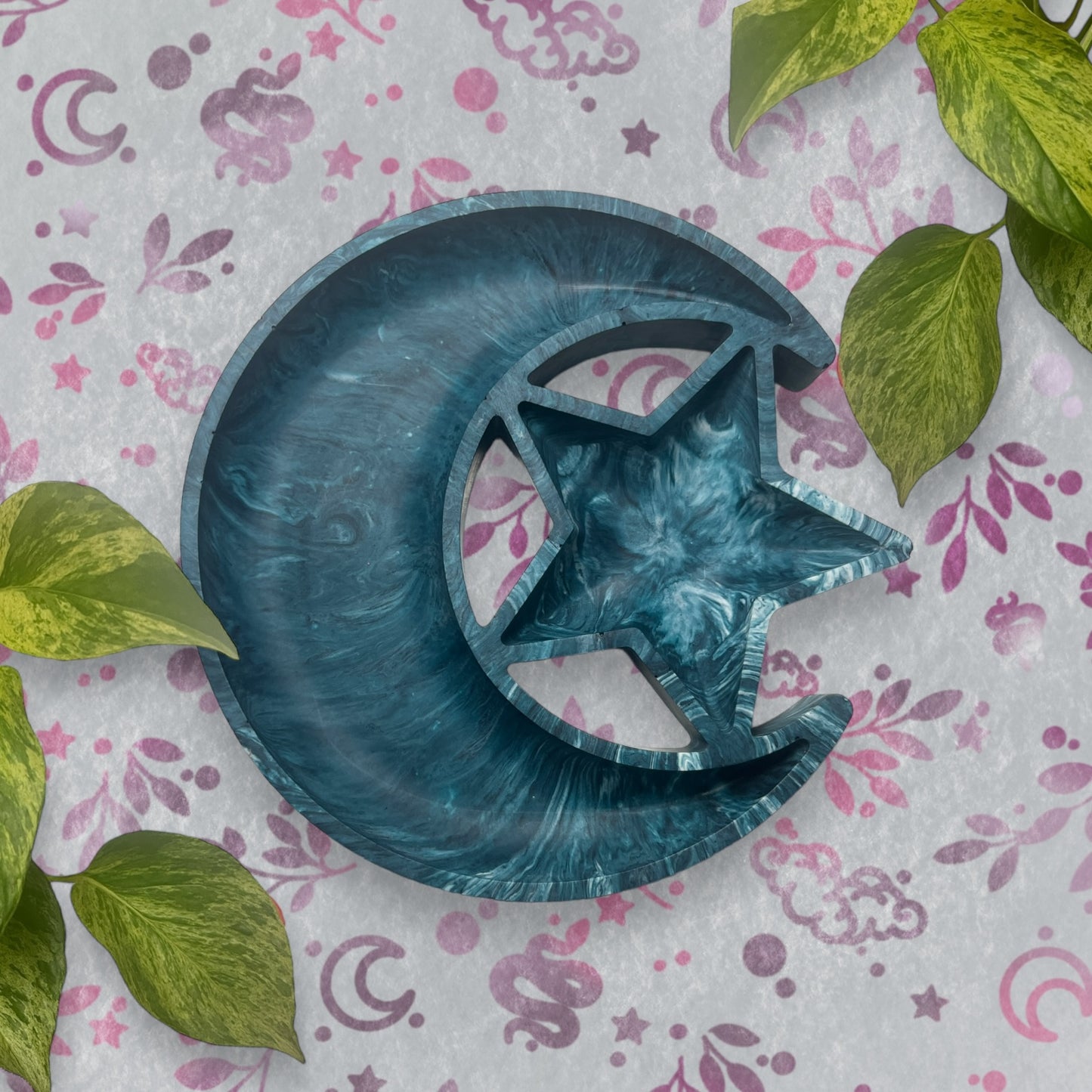 Trinket Tray - Teal Moon and Star Marble Style Ring Dish