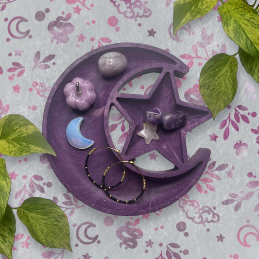 Trinket Tray - Purple Moon and Star Marble Style Ring Dish