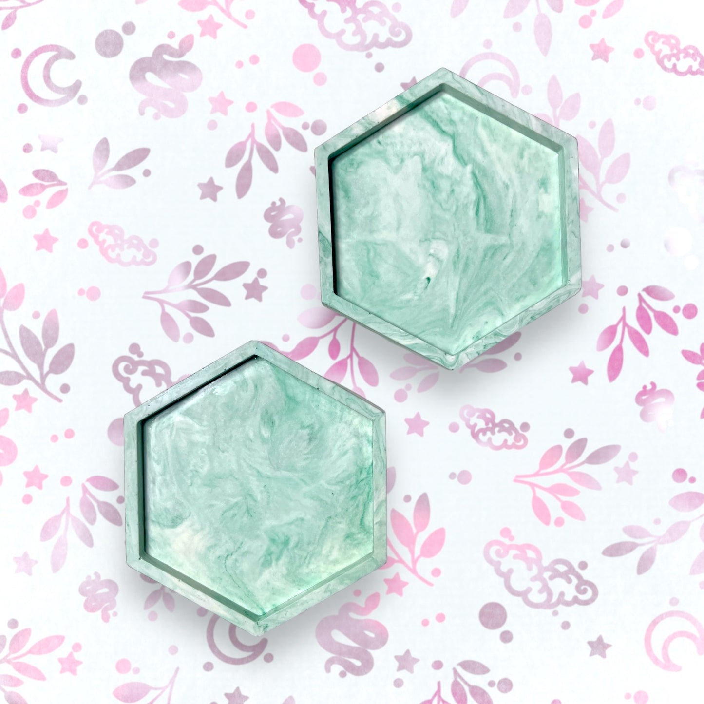 Drinks Coasters - Green Marble Style Hexagonal Tray