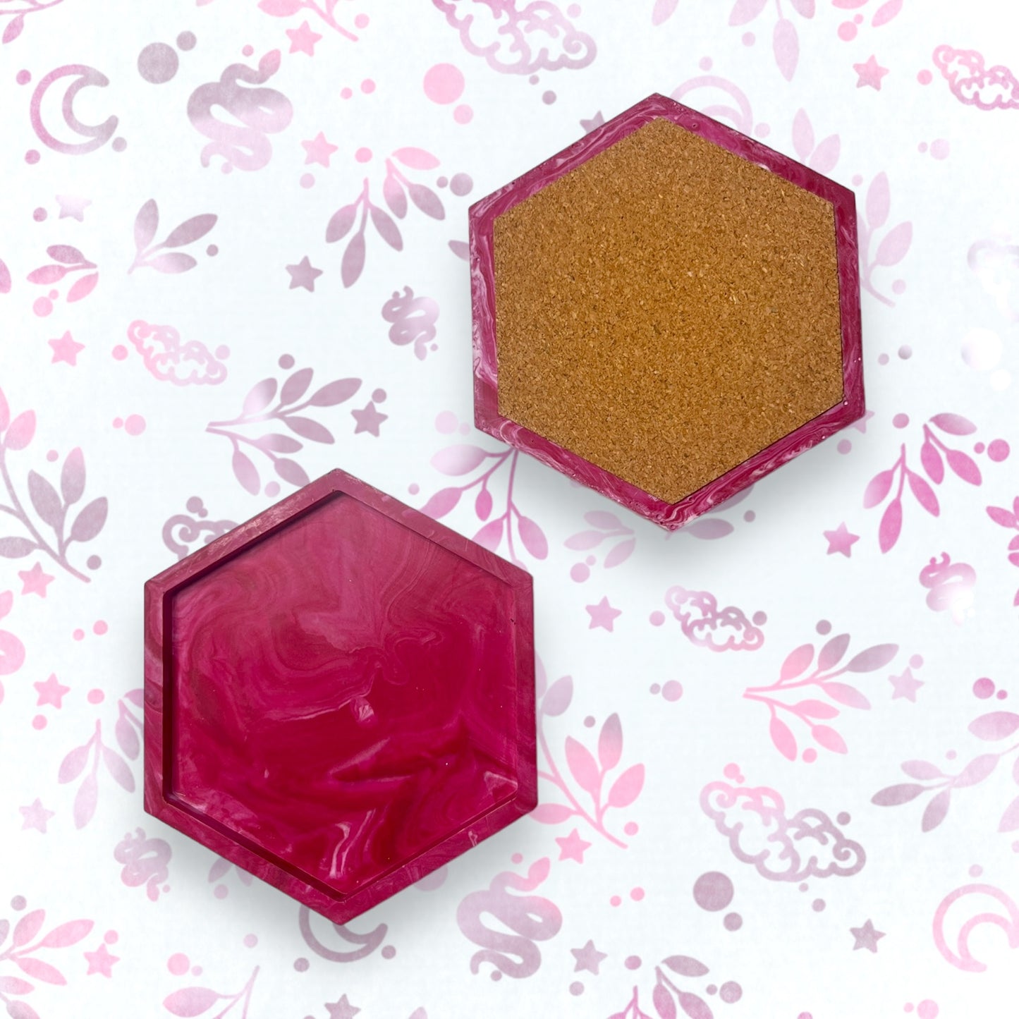 Drinks Coasters - Magenta Marble Style Hexagonal Tray