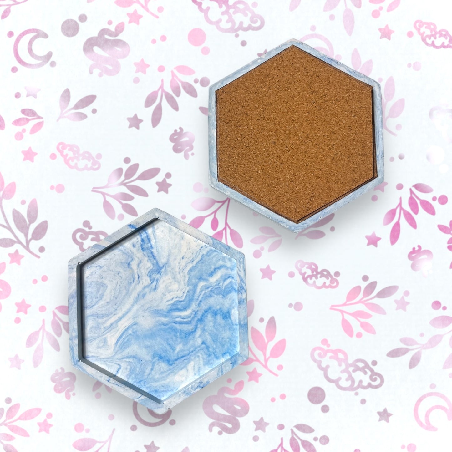 Drinks Coasters - Blue Hexagonal Marble Style Tray