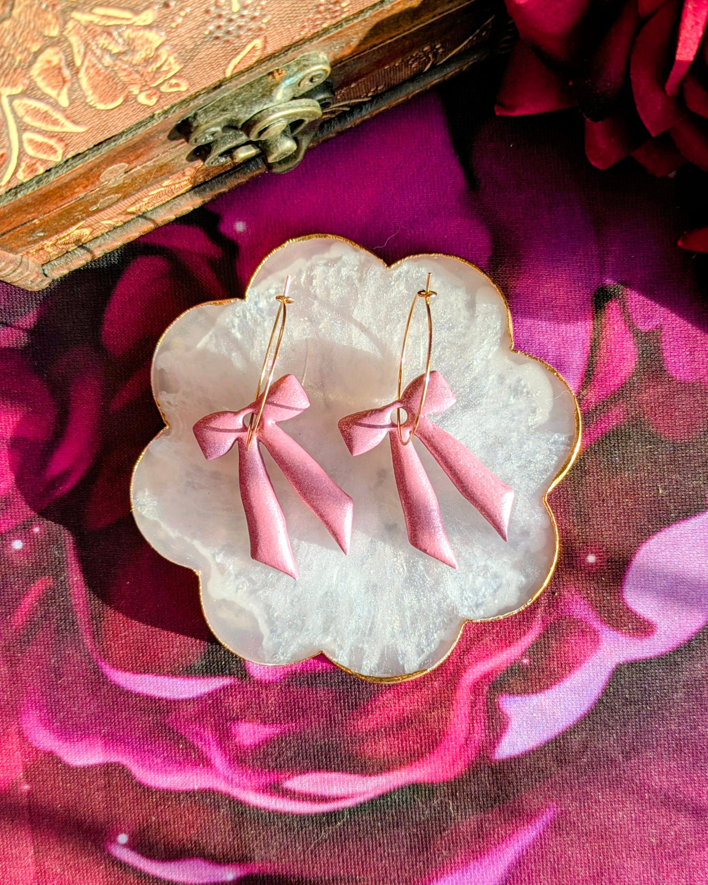 Pastel Pink Matte Glitter Large Bow Hoop Earrings