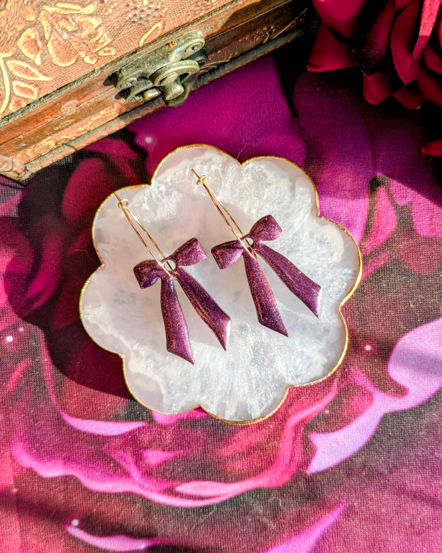 Purple Glitter Large Bow Hoop Earrings