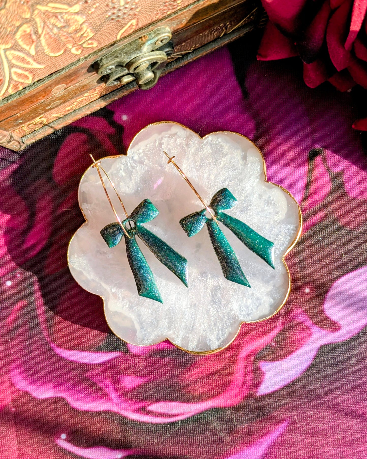 Green Glitter Large Bow Hoop Earrings