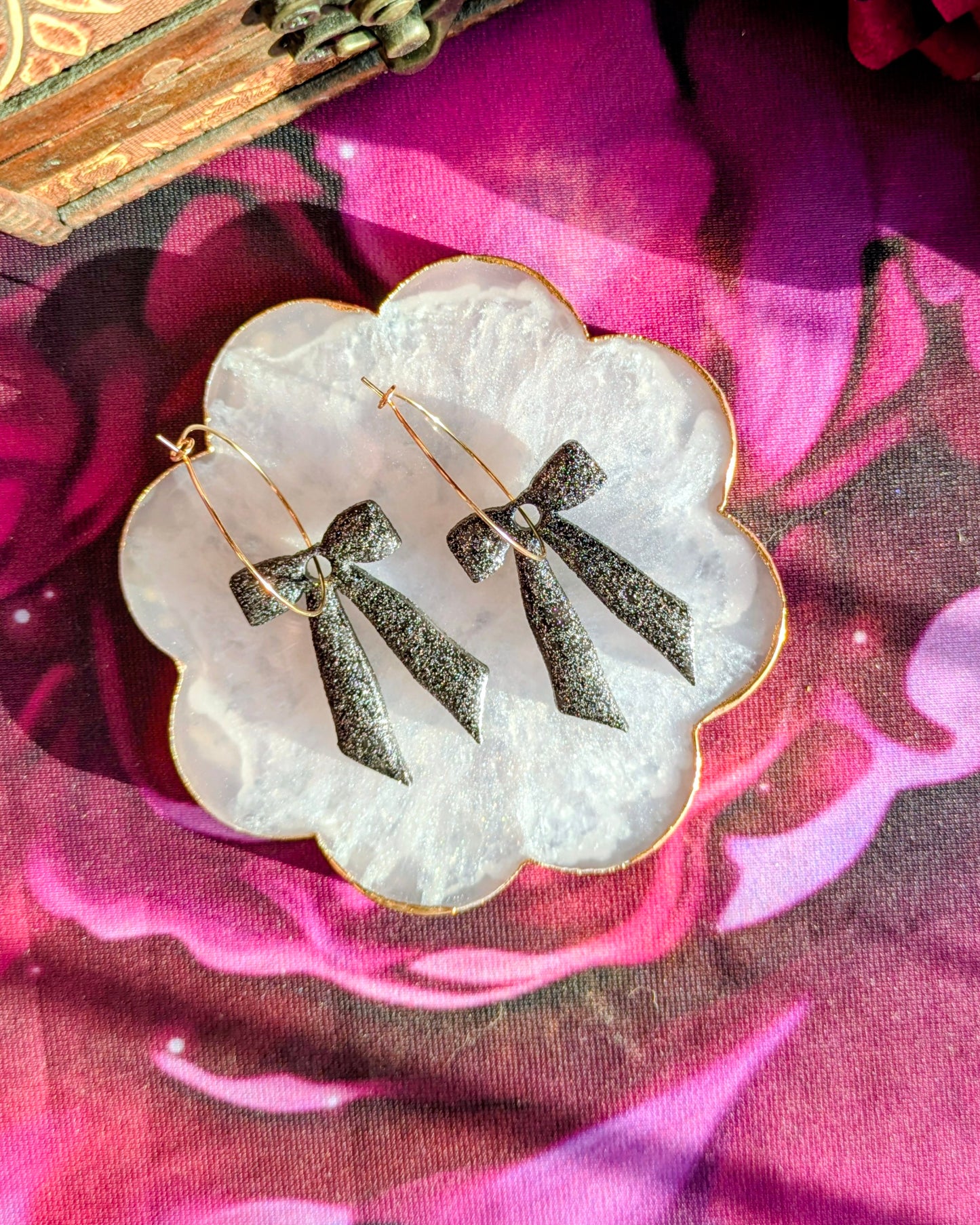 Black Glitter Large Bow Hoop Earrings