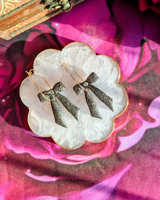 Black Glitter Large Bow Hoop Earrings