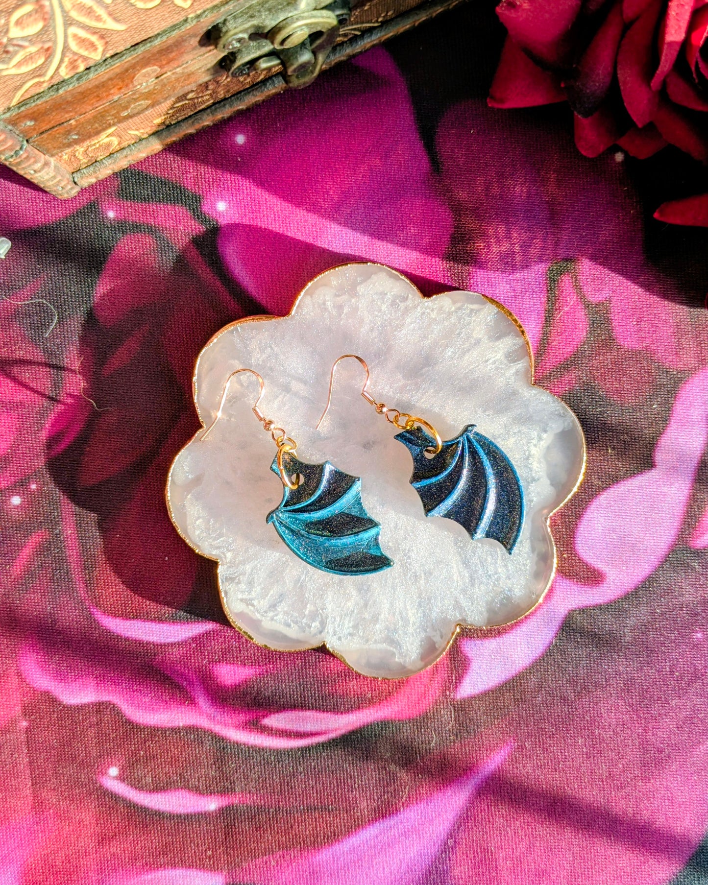 Anger - Green Glitter Dragon Wing Earrings