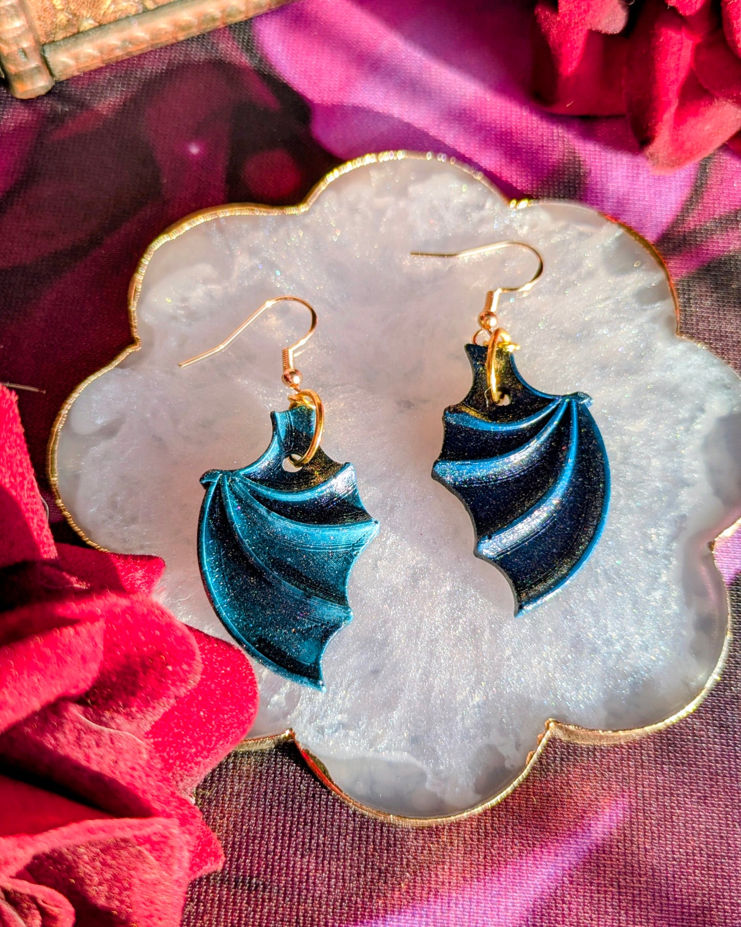 Anger - Green Glitter Dragon Wing Earrings