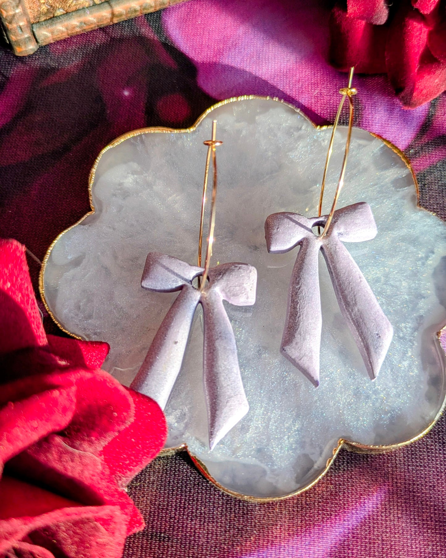 Pastel Lilac Matte Glitter Large Bow Hoop Earrings