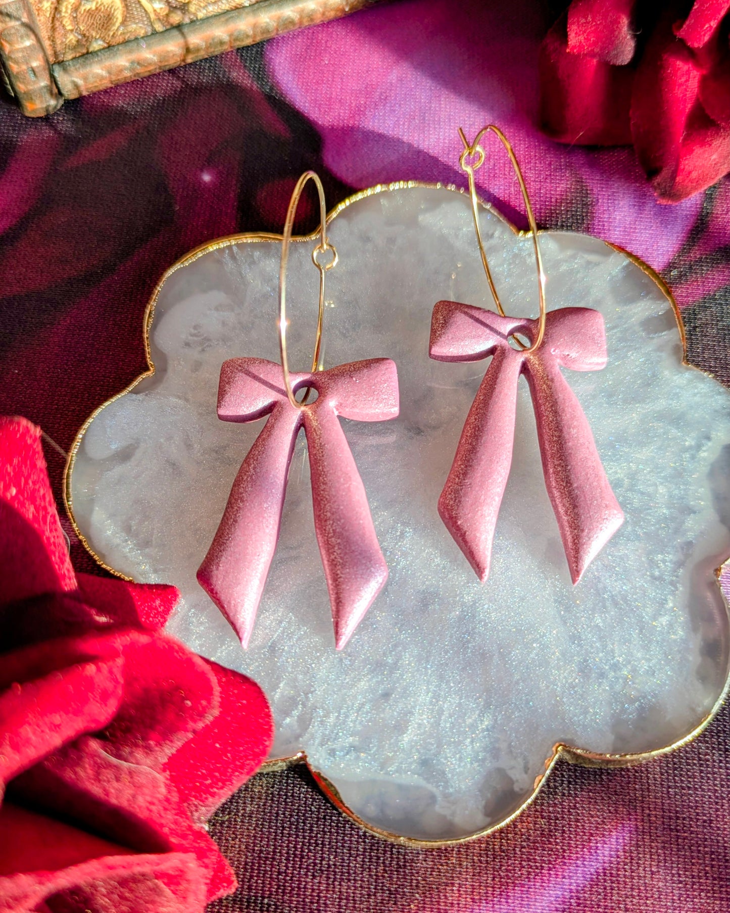 Pastel Pink Matte Glitter Large Bow Hoop Earrings