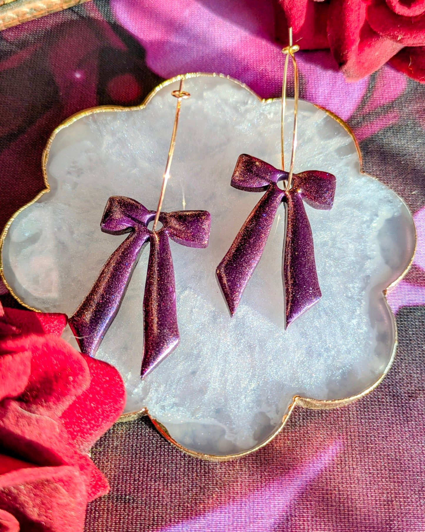 Purple Glitter Large Bow Hoop Earrings