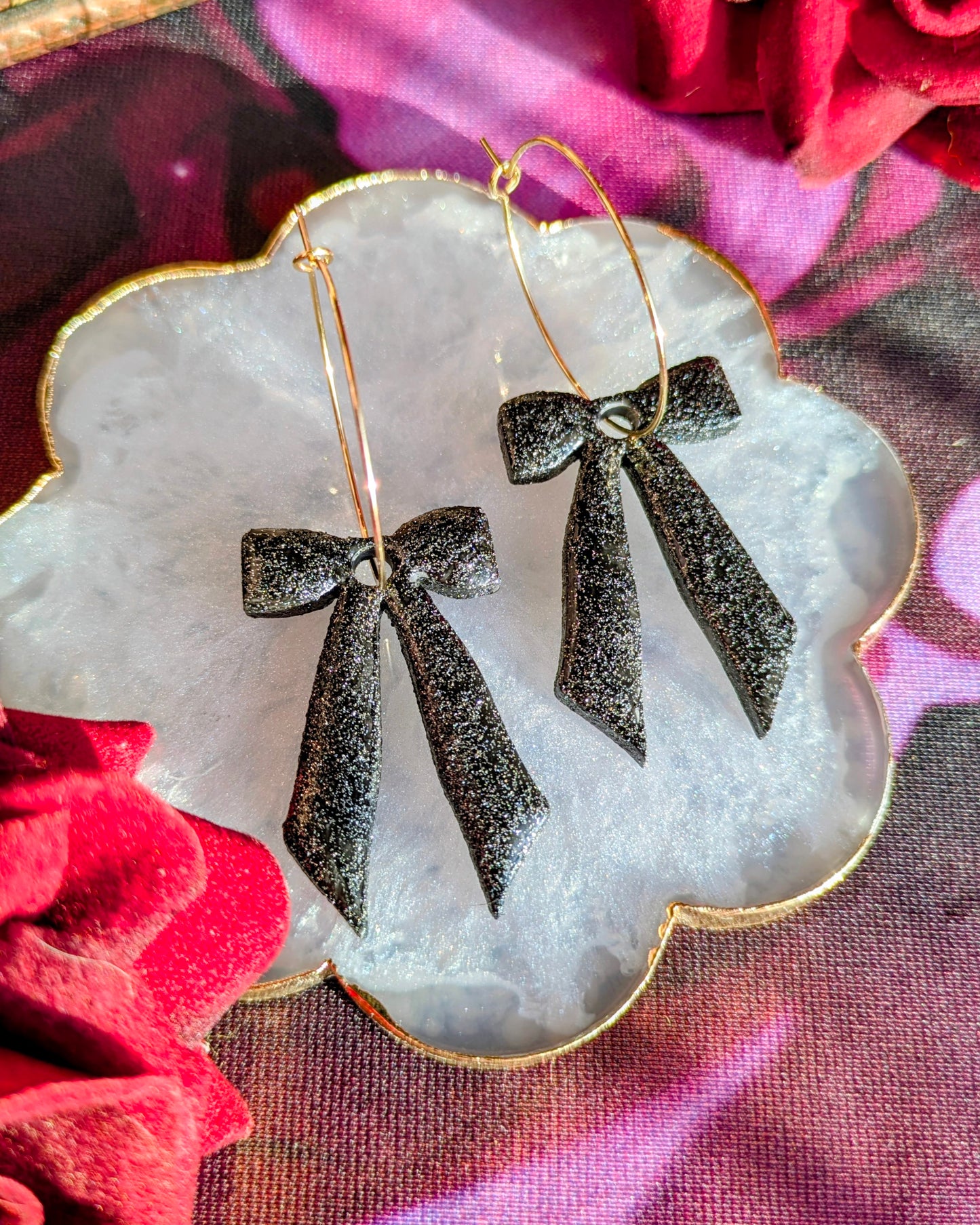 Black Glitter Large Bow Hoop Earrings