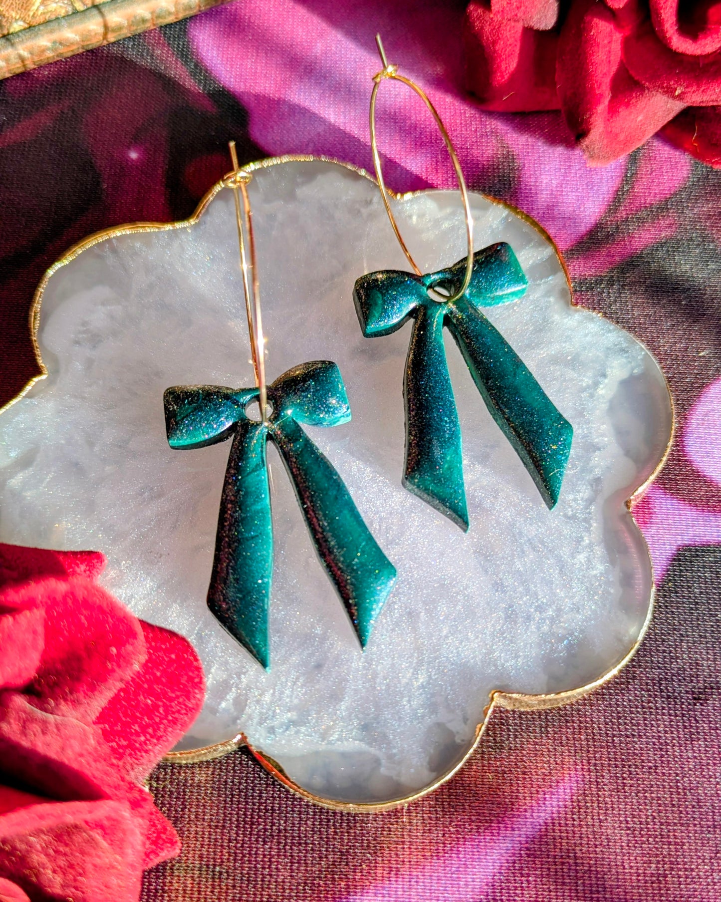 Green Glitter Large Bow Hoop Earrings