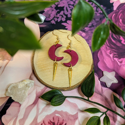 Magenta Single Spike Moon Earrings