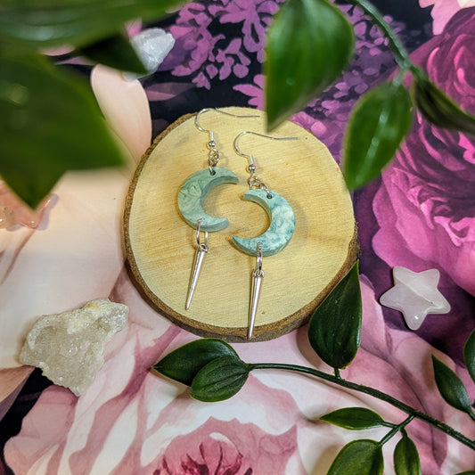 Green Single Spike Moon Earrings