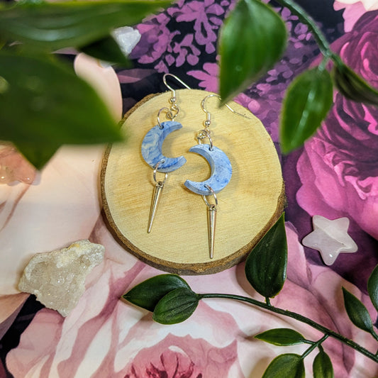 Blue Single Spike Moon Earrings